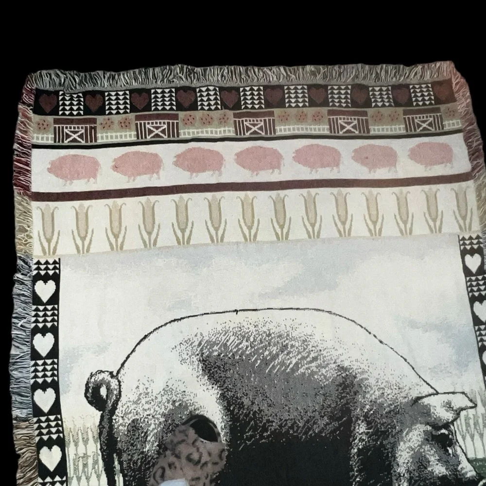 Vintage RARE Throw Blanket Tapestry Farm Pig & Hearts 46 x 70” Country Folk
